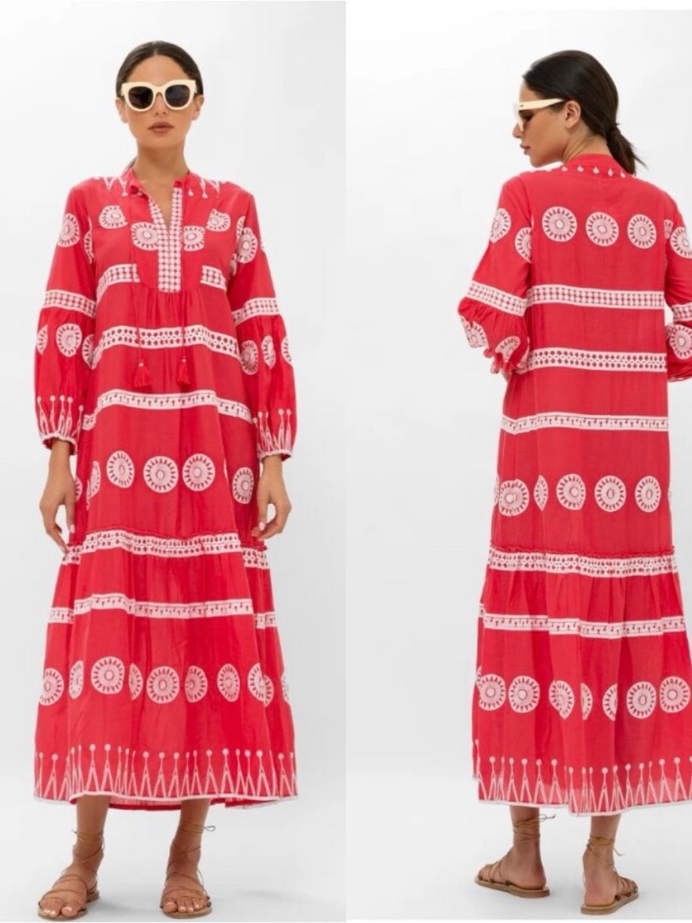 Oliphant Soleil Kaftan Embroidered Tiered Resort Long Sleeve Cuff Maxi Dress XXS